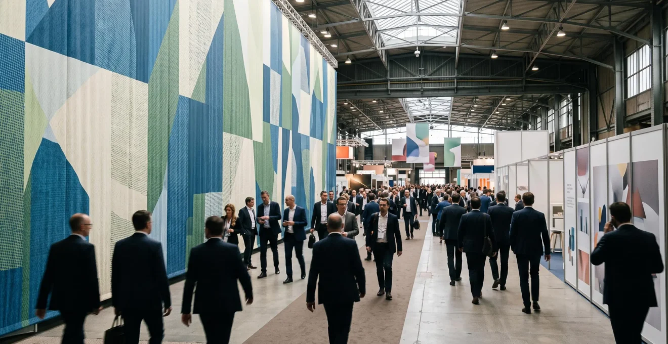 Grand mur d'impression grand format dominant une allée de salon professionnel en France, contrastant avec de petits supports imprimés au premier plan