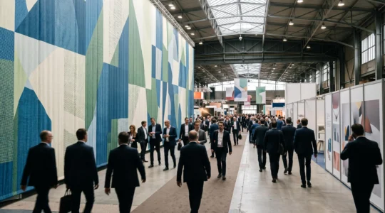 Grand mur d'impression grand format dominant une allée de salon professionnel en France, contrastant avec de petits supports imprimés au premier plan