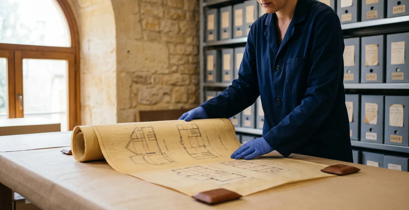 Restaurateur du patrimoine manipulant avec précaution un plan d'architecte fragile datant de 1920 avant sa numérisation