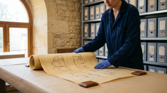 Restaurateur du patrimoine manipulant avec précaution un plan d'architecte fragile datant de 1920 avant sa numérisation