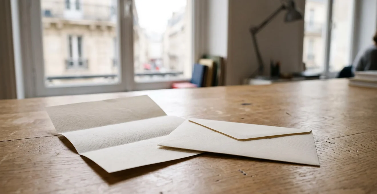 Enveloppe professionnelle pliée avec précision posée sur un bureau français, symbolisant l'économie réalisée grâce au bon format de pliage