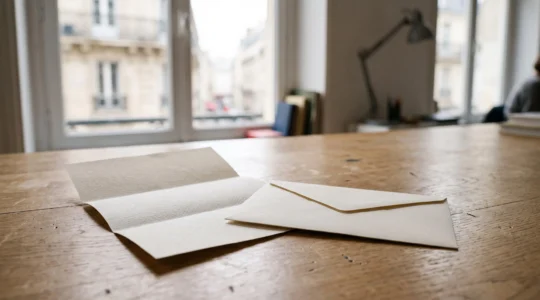 Enveloppe professionnelle pliée avec précision posée sur un bureau français, symbolisant l'économie réalisée grâce au bon format de pliage
