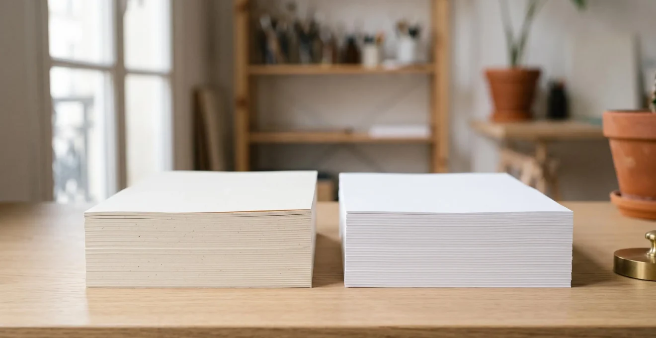 Comparaison esthetique entre une pile de papier recycle et une pile de papier vierge dans un atelier de design en France
