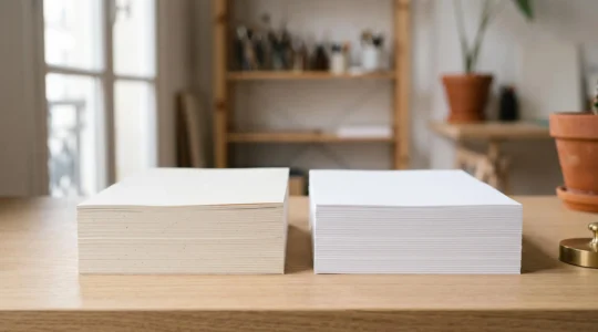 Comparaison esthetique entre une pile de papier recycle et une pile de papier vierge dans un atelier de design en France