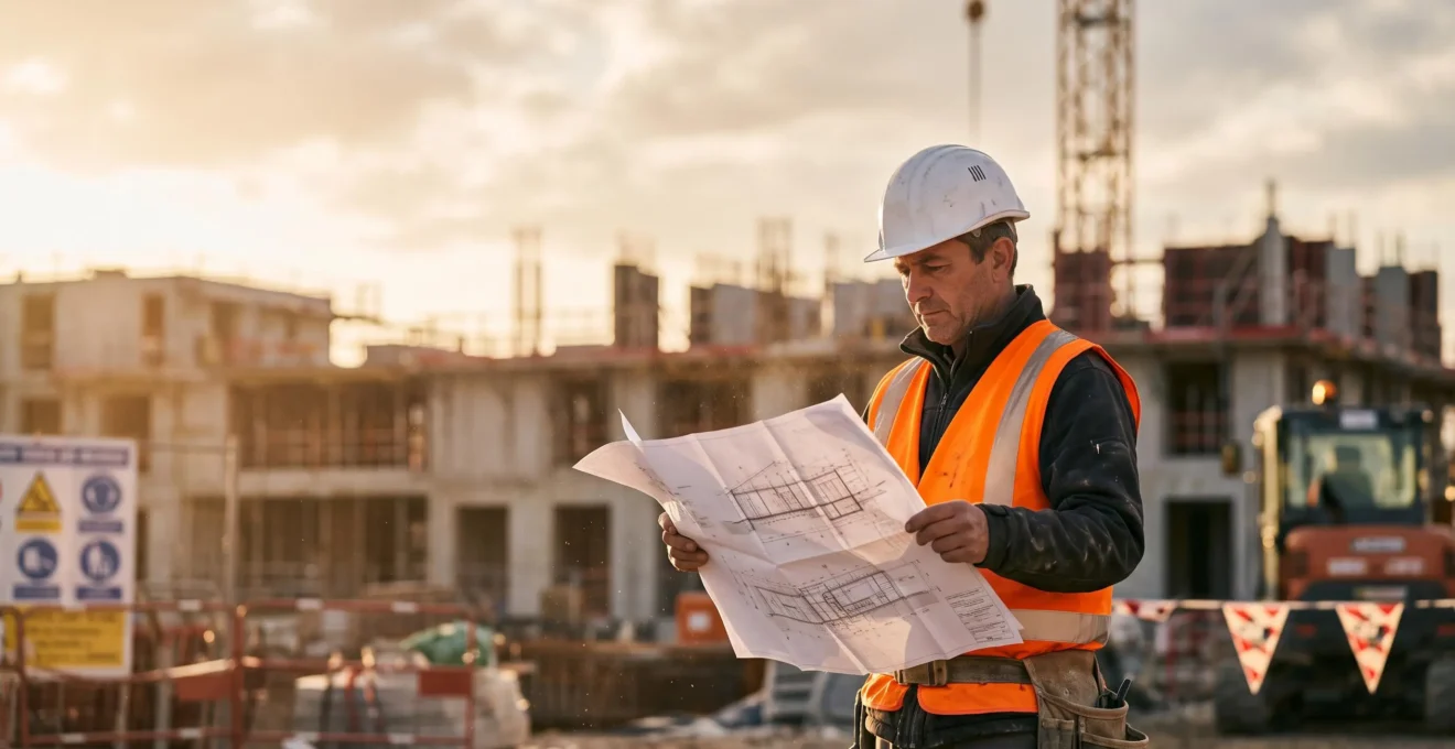 Chef de chantier consultant un plan grand format protégé sur un chantier extérieur en France