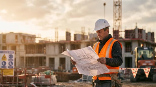 Chef de chantier consultant un plan grand format protégé sur un chantier extérieur en France
