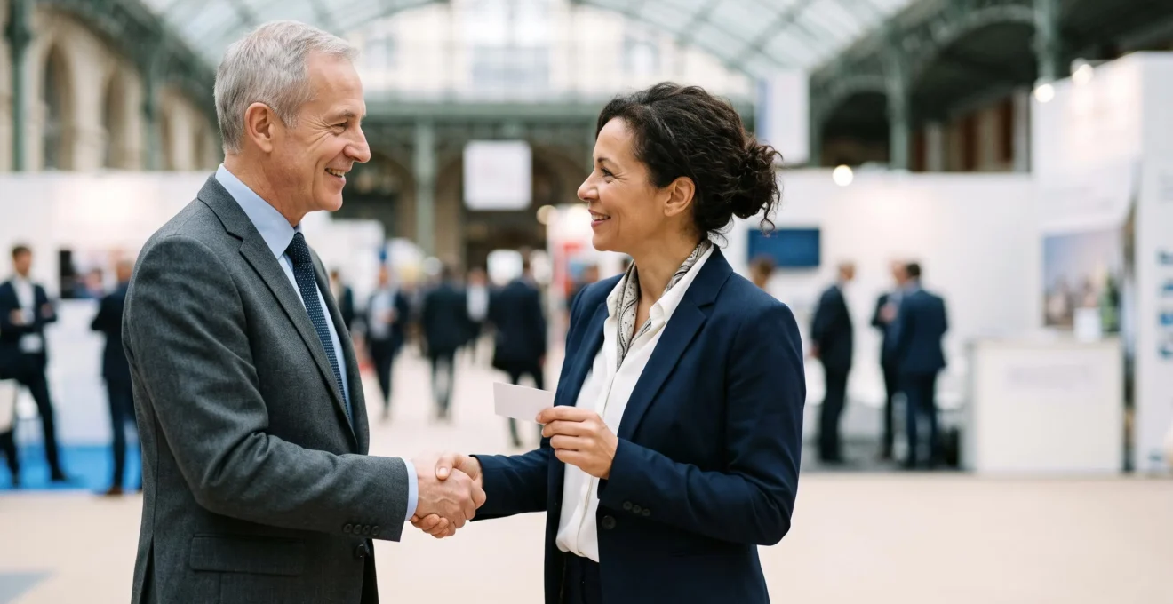 Deux professionnels se serrant la main à la fin d'un échange lors d'un salon, symbolisant un contact qui laisse une trace durable