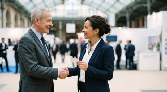 Deux professionnels se serrant la main à la fin d'un échange lors d'un salon, symbolisant un contact qui laisse une trace durable