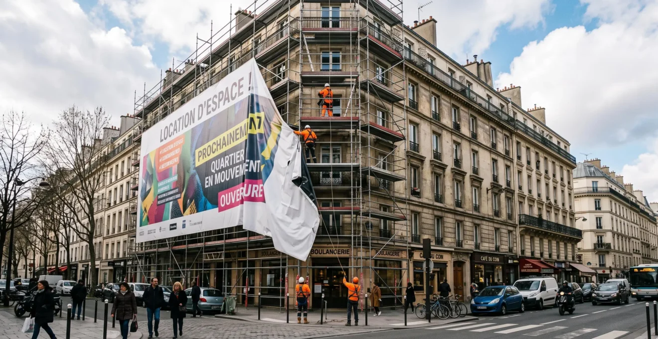 Installation d'une grande bannière publicitaire imprimée sur la façade d'un immeuble avec échafaudage et ouvriers en équipement de sécurité