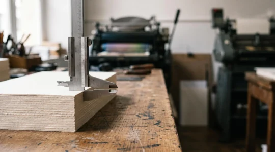 Instrument de precision mesurant une pile de papier dans un atelier d'imprimerie francais, symbolisant un cahier des charges precis