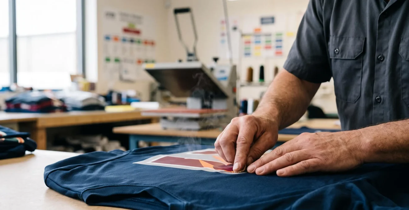 Artisan vérifiant la qualité d'un flocage sur un vêtement dans un atelier de marquage textile en France