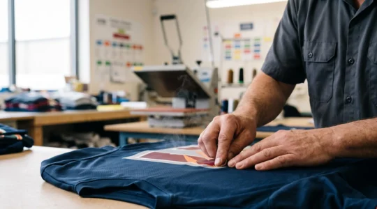 Artisan vérifiant la qualité d'un flocage sur un vêtement dans un atelier de marquage textile en France