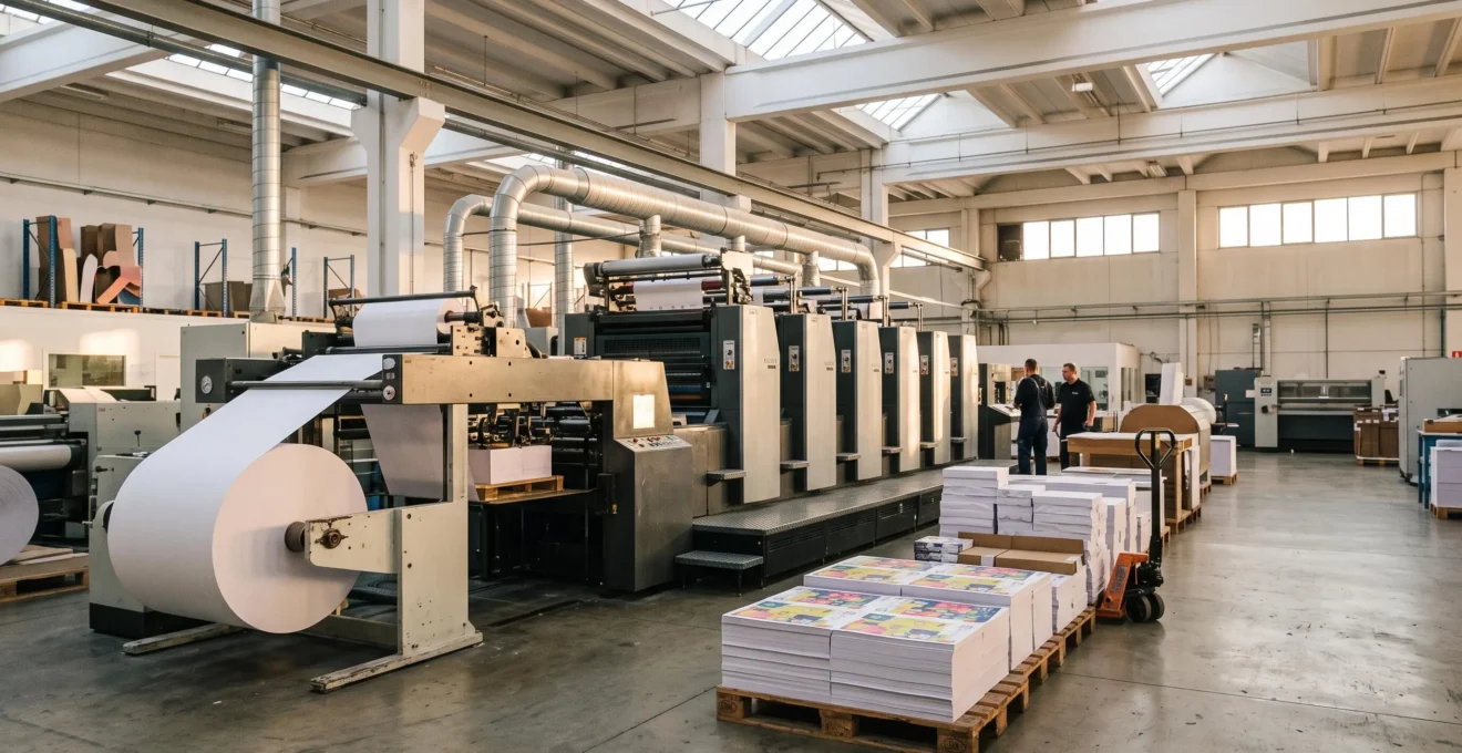 Vue large d'un atelier d'impression offset français produisant un grand tirage de flyers, illustrant la rentabilité des gros volumes.
