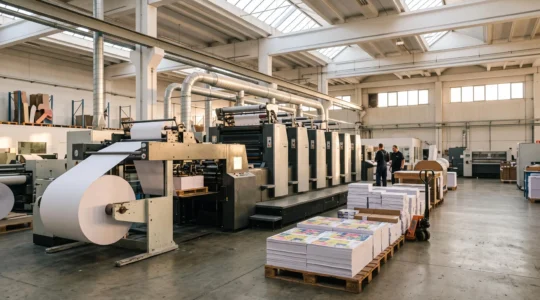 Vue large d'un atelier d'impression offset français produisant un grand tirage de flyers, illustrant la rentabilité des gros volumes.