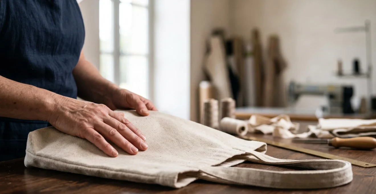 Un tote bag en toile naturelle pose sur une table en bois dans un atelier textile francais baigne de lumiere naturelle, symbolisant la transparence ecologique