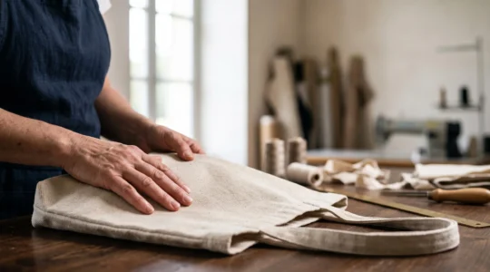 Un tote bag en toile naturelle pose sur une table en bois dans un atelier textile francais baigne de lumiere naturelle, symbolisant la transparence ecologique