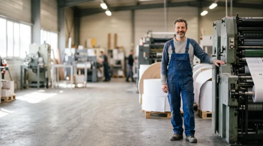 Ancien demandeur d'emploi devenu operateur qualifie devant une presse offset dans un atelier d'impression francais