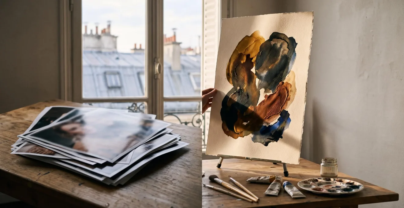 Contraste visuel entre une photo générique impersonnelle et une illustration originale et expressive dans un cadre de studio créatif parisien