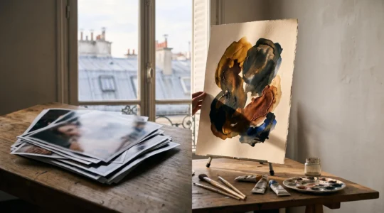 Contraste visuel entre une photo générique impersonnelle et une illustration originale et expressive dans un cadre de studio créatif parisien