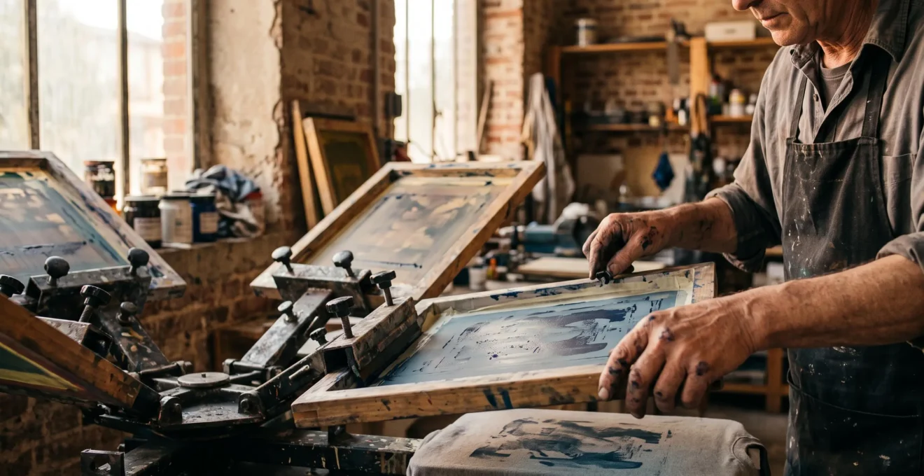 Artisan sérigraphe français alignant avec précision quatre écrans de couleurs sur un carrousel d'impression