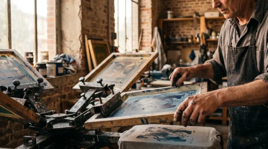 Artisan sérigraphe français alignant avec précision quatre écrans de couleurs sur un carrousel d'impression