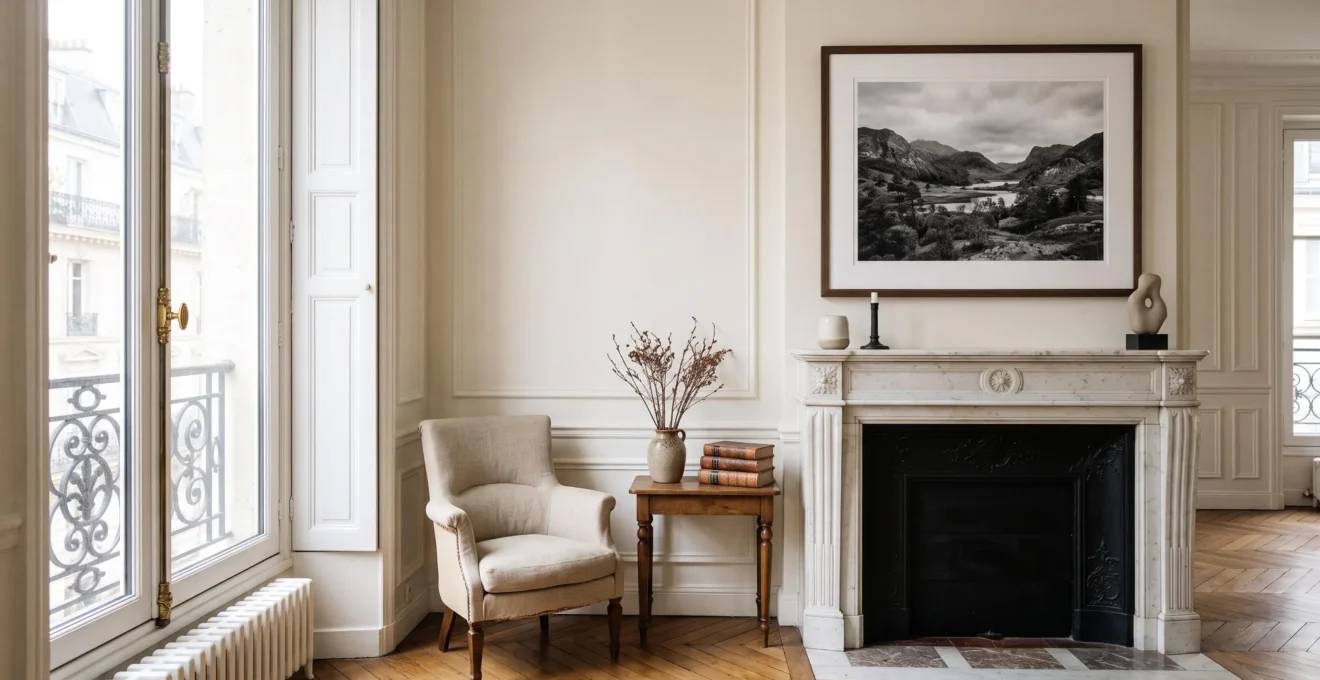 Grand tirage photographique encadré exposé au-dessus d'une cheminée dans un salon haussmannien baigné de lumière naturelle