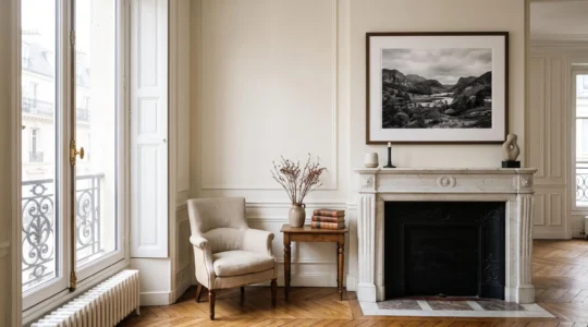 Grand tirage photographique encadré exposé au-dessus d'une cheminée dans un salon haussmannien baigné de lumière naturelle