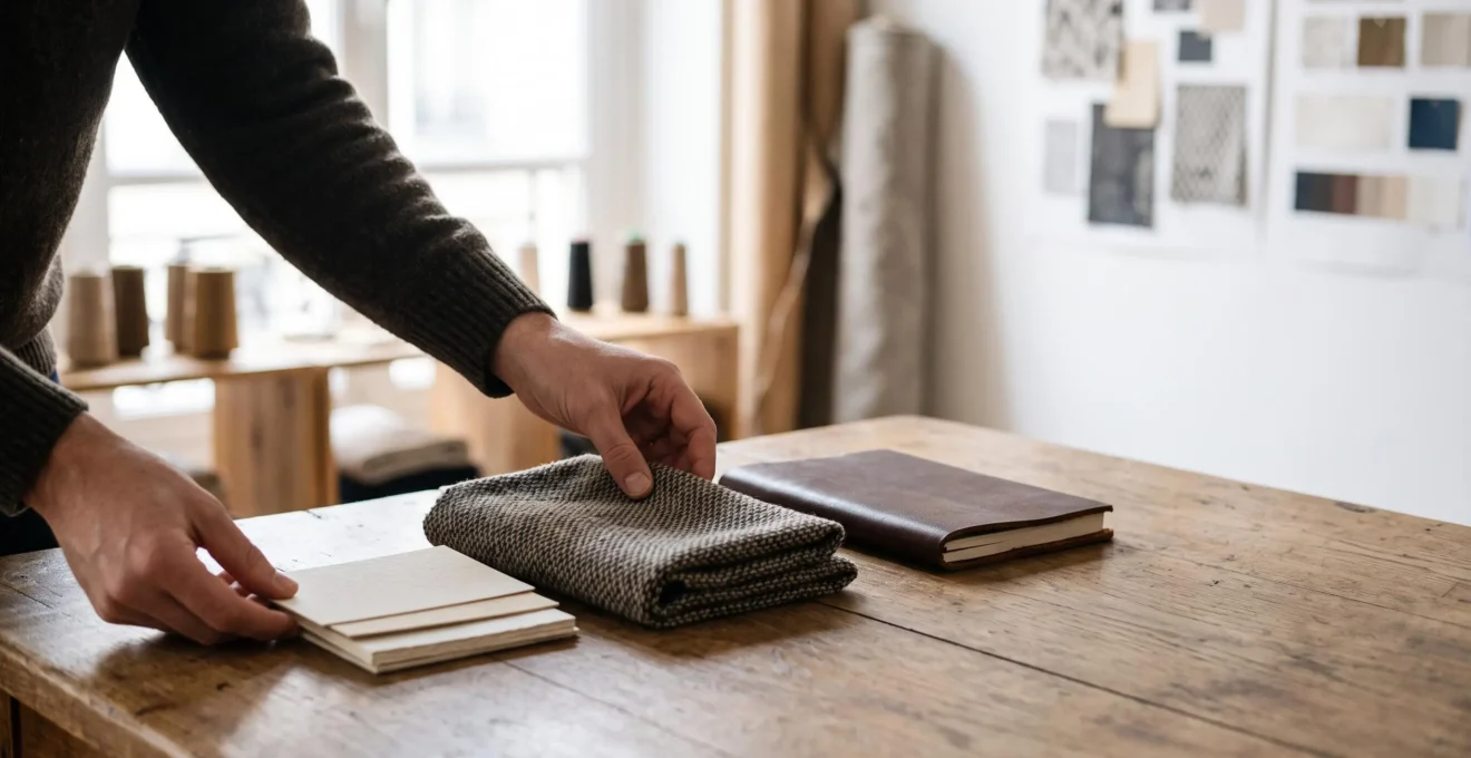 Un artisan-designer francais finalisant avec precision les elements d'une identite visuelle premium, symbolisant la montee en valeur d'une prestation creative