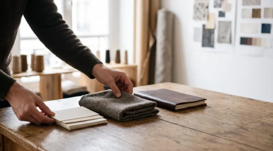 Un artisan-designer francais finalisant avec precision les elements d'une identite visuelle premium, symbolisant la montee en valeur d'une prestation creative