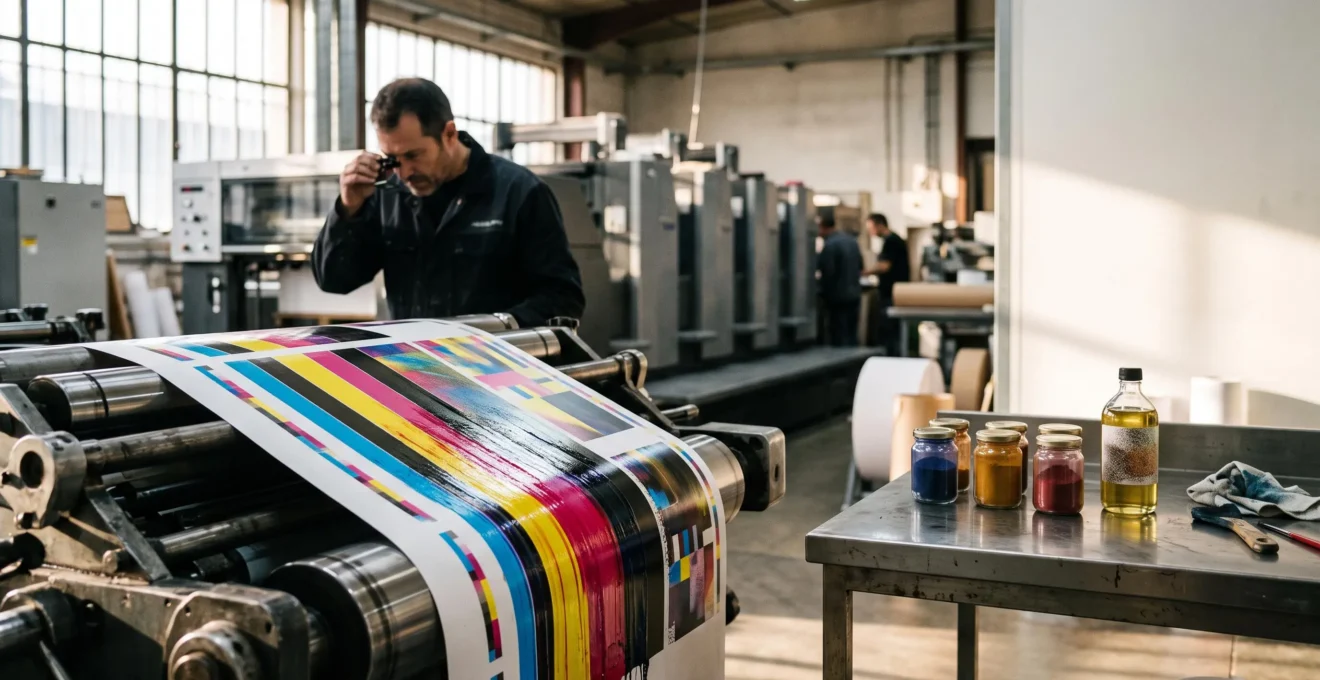 Atelier d'impression offset français baigné de lumière naturelle, illustrant la transition vers les encres écologiques sans perte de qualité colorimétrique