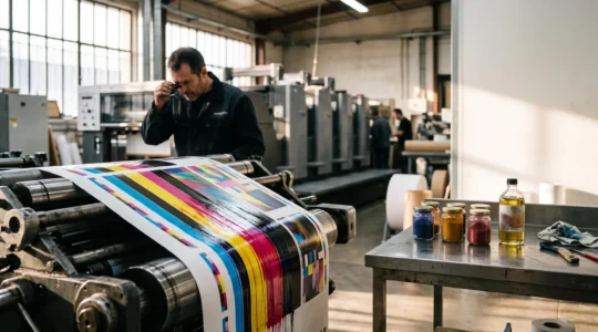Atelier d'impression offset français baigné de lumière naturelle, illustrant la transition vers les encres écologiques sans perte de qualité colorimétrique