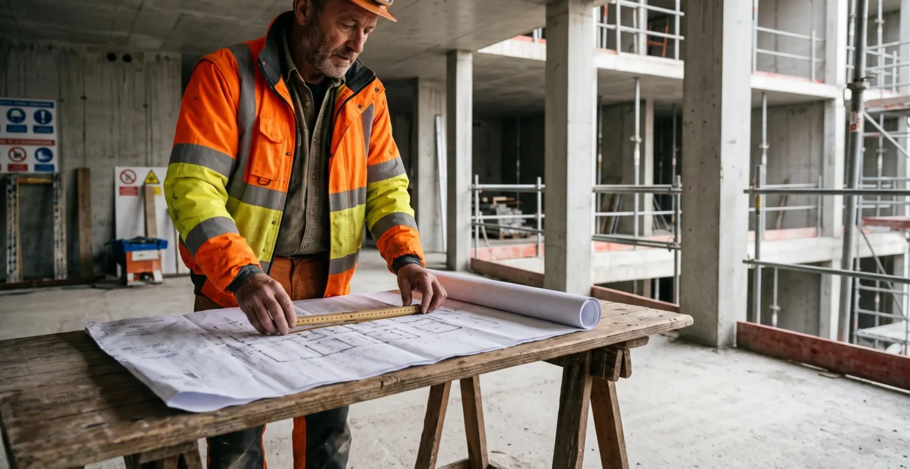 Un professionnel du BTP vérifie la précision d'un plan grand format sur un chantier de construction en France
