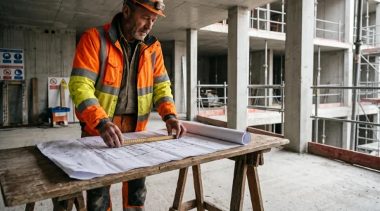 Un professionnel du BTP vérifie la précision d'un plan grand format sur un chantier de construction en France