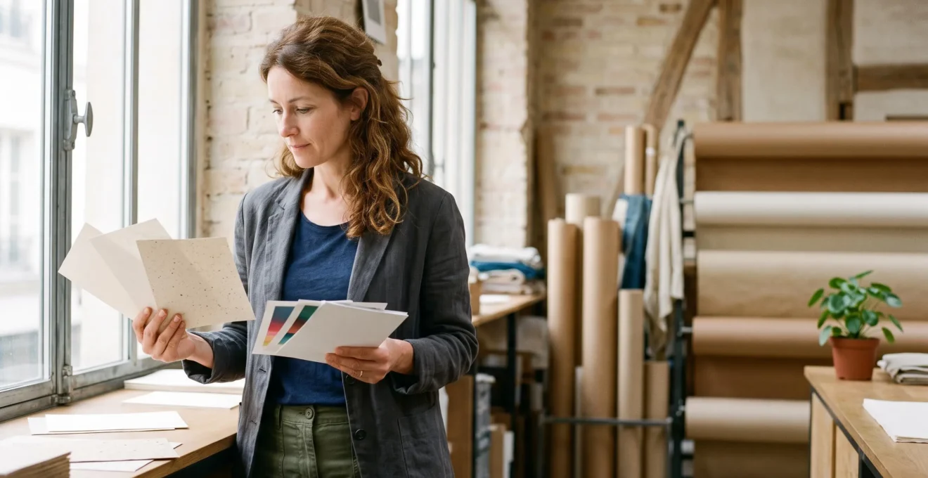 Une personne examine attentivement des échantillons de papier et d'impression dans un atelier lumineux, symbolisant la vérification des engagements écologiques d'un imprimeur