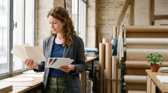 Une personne examine attentivement des échantillons de papier et d'impression dans un atelier lumineux, symbolisant la vérification des engagements écologiques d'un imprimeur