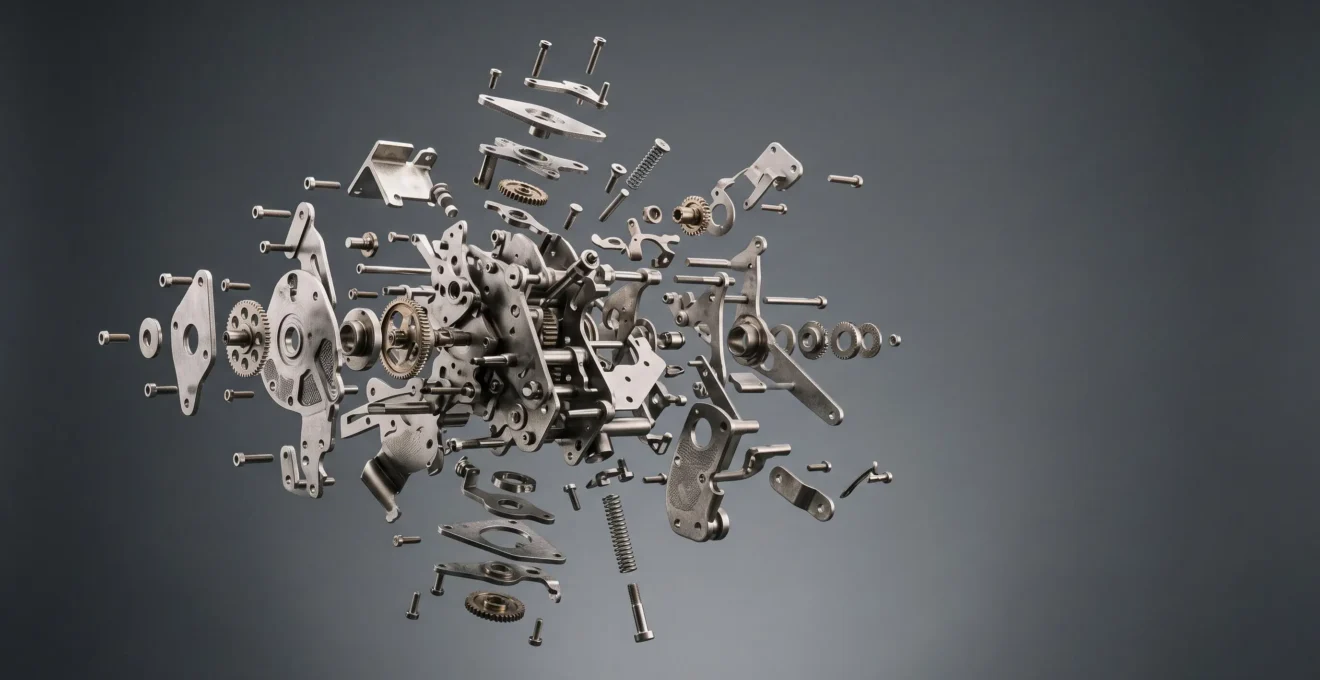 Vue éclatée artistique d'un mécanisme industriel complexe suspendu dans l'espace, illustrant la clarté visuelle d'un schéma technique