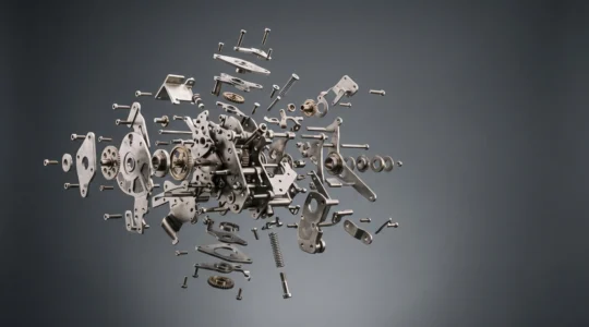 Vue éclatée artistique d'un mécanisme industriel complexe suspendu dans l'espace, illustrant la clarté visuelle d'un schéma technique