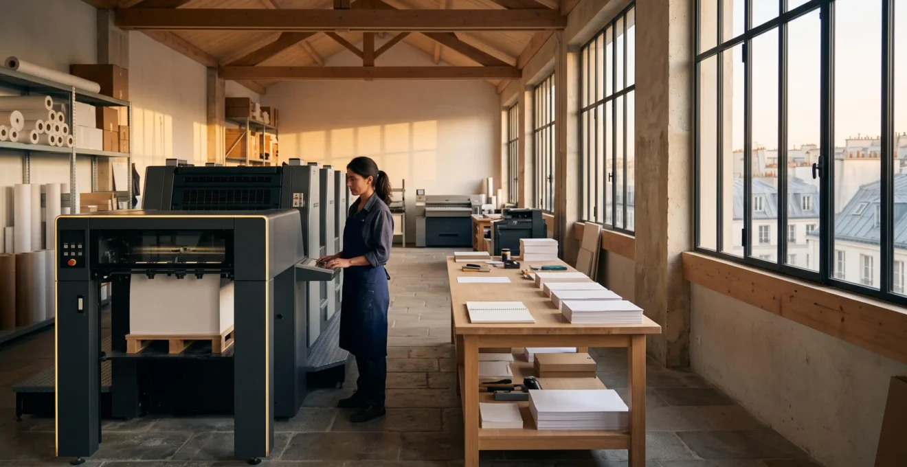 Vue d'ensemble d'un atelier de production graphique moderne en France illustrant un flux de travail fluide et optimisé