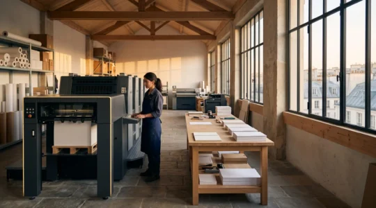 Vue d'ensemble d'un atelier de production graphique moderne en France illustrant un flux de travail fluide et optimisé
